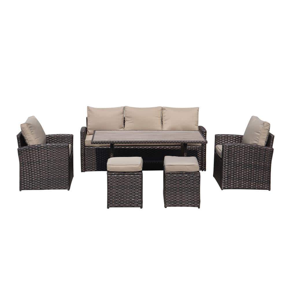 Dark Brown 6-Piece PE Wicker Patio Conversation Set with Khaki Cushions and