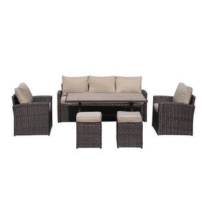 Dark Brown 6-Piece PE Wicker Patio Conversation Set with Khaki Cushions and Table Outdoor Garden Patio Furniture Sets