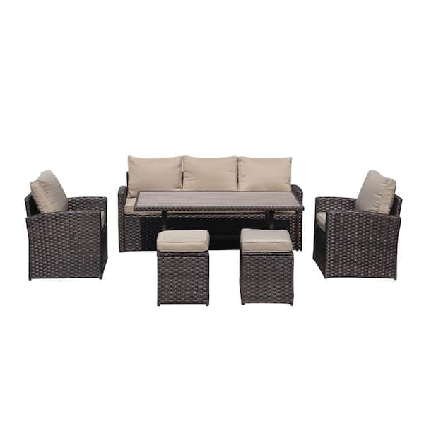 BTMWAY Dark Brown 6-Piece PE Wicker Patio Conversation Set with Khaki Cushions and Table Outdoor Garden Patio Furniture Sets