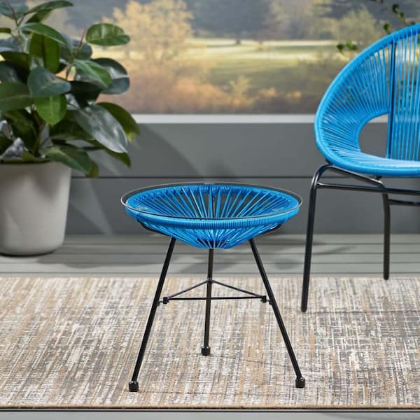 Unbranded Blue 18 in. H Wicker Outdoor Side Table Tempered Glass Top End Table for Balcony Porch Deck Patio
