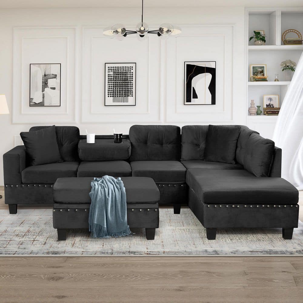 105.1 in. Square Arm Velvet L-Shaped Sofa in Black with 2 Pillows and Cup Holders