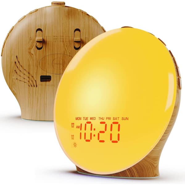 Ahfiwaso Wake Up Light Sunrise Alarm Clock for Kids and Heavy Sleepers w/ Dual Alarms FM Radio, 7 Colors, 7 Natural Sounds - Wood