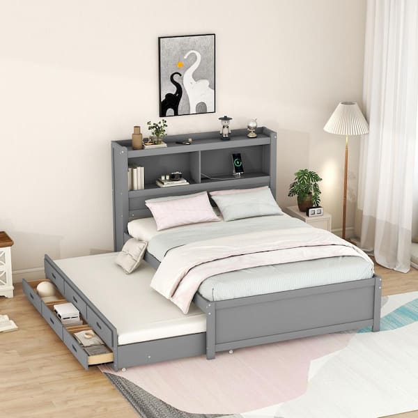 Harper & Bright Designs Gray Wood Frame Full Size Platform Bed with Twin Size Trundle, 3-Drawer, USB Charging Station and Storage Headboard