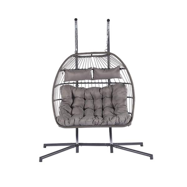JimsMaison 45.7 in. 2-Person Metal Frame and Wicker Patio Swing with Light Gray Cushions