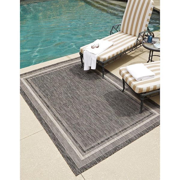 Unique Loom Solid Indoor/Outdoor Solid Rug Black/Beige 2' x 6' 1 Runner  Solid Modern Perfect For Patio Deck Garage Entryway