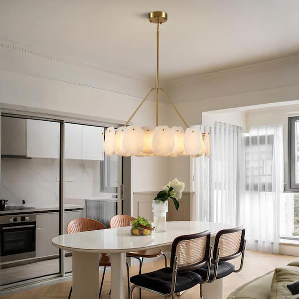 31.4 in. 1-Light Dimmable Integrated LED Brass Alabaster Chandelier, Circle Luxury Marble Kitchen Island Chandelier
