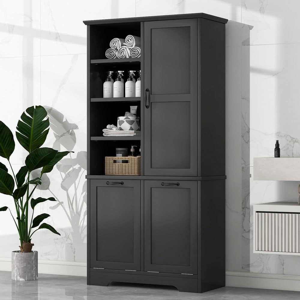 31 in. W x 14 in. D x 68 in. H Black MDF Freestanding Linen Cabinet with Doors and Drawers,Open Shelve, Adjustable Shelf