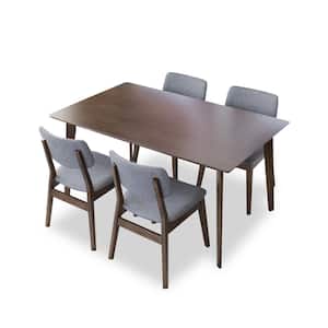 Akira 5-Piece Mid-Century Rectangular Walnut Top 47 in. Kitchen Table Set with 4 Fabric Kitchen Chairs in Gray