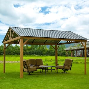 12 ft. x 14 ft. Brown Outdoor Galvanized Steel Gable Roof Gazebo Pergola with Wood Grain Aluminum Frame