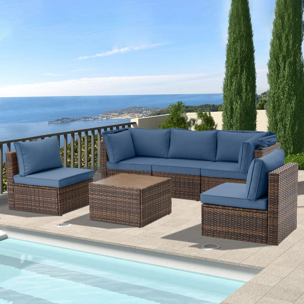 6-Piece Brown Wicker Outdoor Patio Furniture Set, Sectional Sofa with Canop
