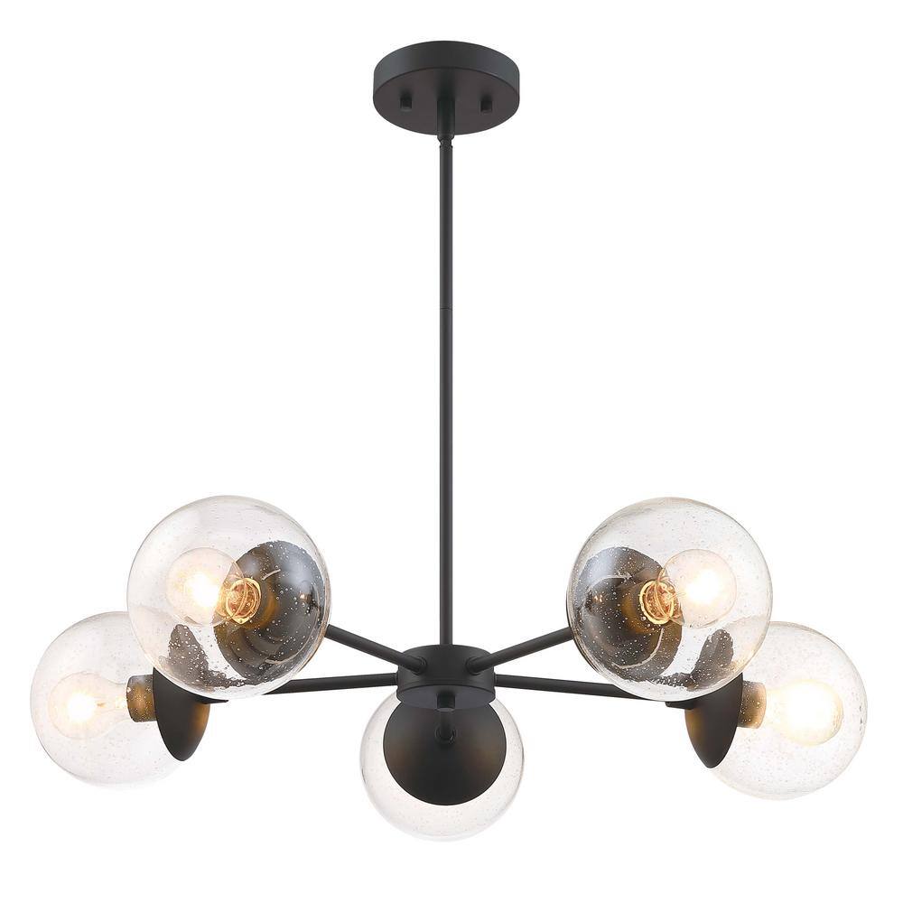 Matte Black 5-Light Chandelier with Seedy Glass Shades