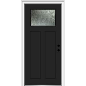 32 in. x 80 in. Left-Hand Inswing Rain Glass Black Fiberglass Prehung Front Door on 4-9/16 in. Frame