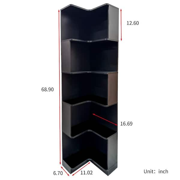 Nathan 68.9 in. Tall Black Wood 5-Shelf Accent Storage Bookcase with Baffle, LED Lights
