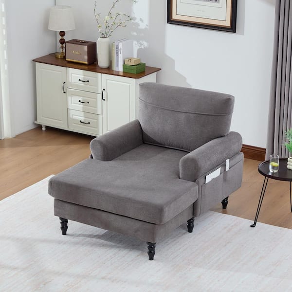 Myra 38.2 in. Dark Gray Chenille Upholstered Rolled Arm Chaise Lounge with Side Pockets