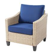 Camellia B Beige 8-Piece Wicker Patio New Style Rectangular Fire Pit Seating Set with Navy Blue Cushions