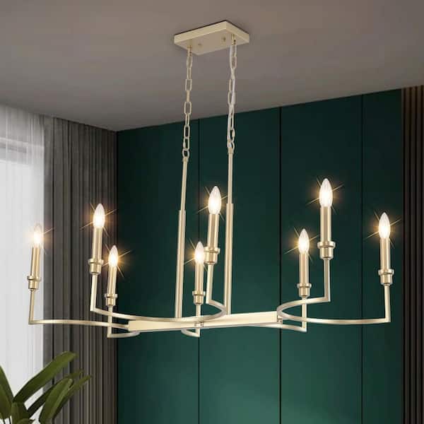 Industrial 8-Light Gold Linear Classic-Candle-Style Chandelier for Kitchen Island with No Bulbs Included