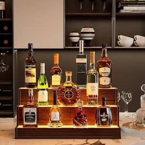 24 in. Wood LED Lighted 3-Tier Wine Glass Rack Bar Display Shelf with App and Remote Control, Walnut