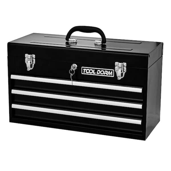 3-Drawer Metal Tool Box 18.1 in. W Portable Steel Chest with Metal Cylinder Lock, Latch Closure and Black Powder Coating
