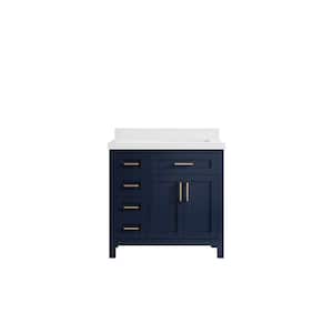 Cambridge 36 in. W x 22 in. D x 36 in. H Right Offset Sink Bath Vanity in Navy Blue with 2 in. White Quartz Top