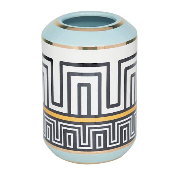 Litton Lane 9 in. Teal Ceramic Decorative Vase with Greek Knot Pattern