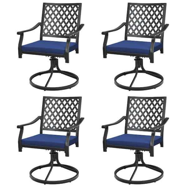 Gymax 4-Piece Navy Patio Metal Swivel Dining Chairs Lattice Rocker Cushioned Armrest