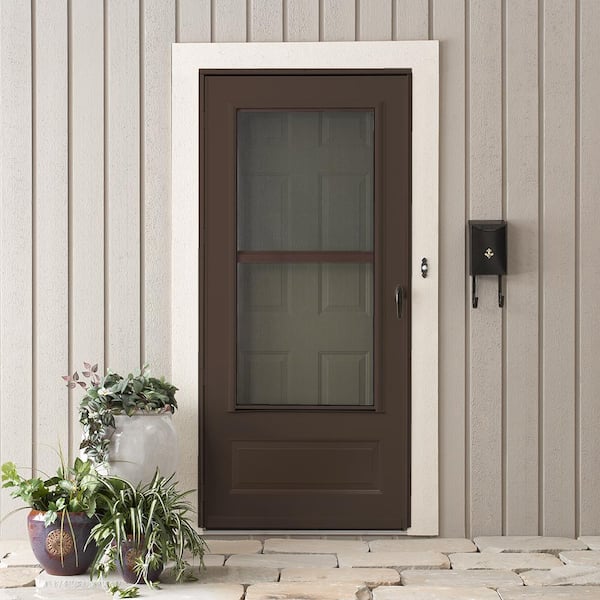 300 Series 34 in. x 80 in. Bronze Universal 3/4 Light Mid-View Aluminum Storm Door with Black Handle Set
