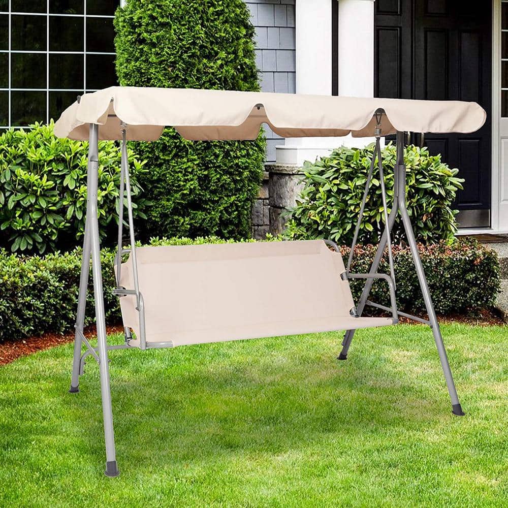 Beige Steel 3-Person Patio Swing with Waterproof Canopy