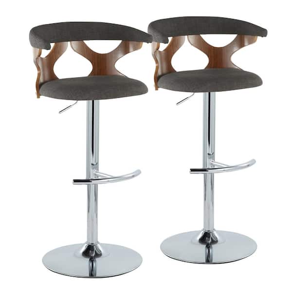 Lumisource Gardenia 32.5 in. Charcoal Fabric, Walnut Wood and Chrome Metal Adjustable Bar Stool (Set of 2)