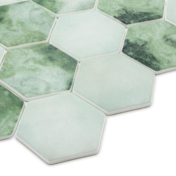 Hexagon Green Mix 11.8 in. x 10.23 in. Matte Recycled Glass Cement Looks Floor and Wall Mosaic Tile (8.4 sq. ft. /Case)