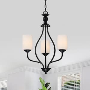 3-Light Matte Black Traditional Classic Chandelier with White Etched Glass Shades