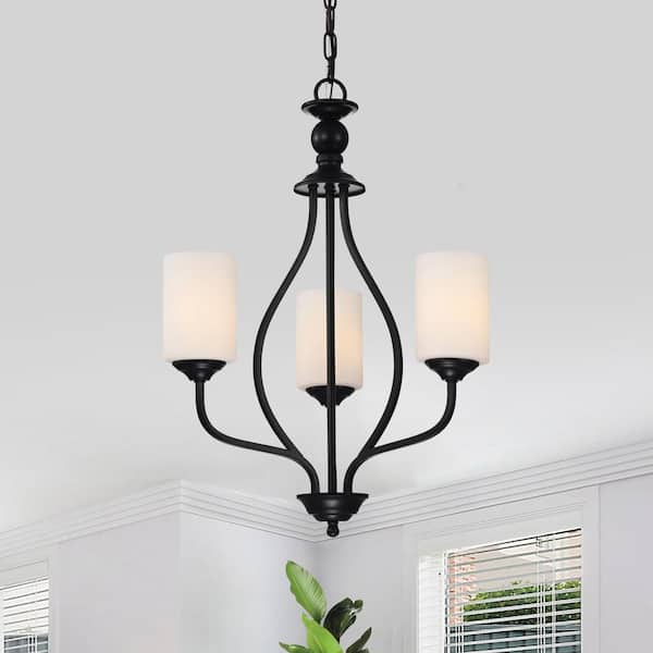Edvivi 3-Light Matte Black Traditional Classic Chandelier with White Etched Glass Shades