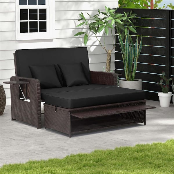 2 in-1-Function Wicker Outdoor Day Bed with Retractable Top Canopy Side Tables and Black Cushions