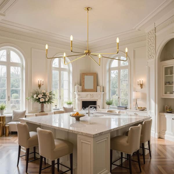 6-Light Gold Farmhouse Chandelier, Brushed Brass Candle Light Fixture for Dining Room, Kitchen Island, Living Room