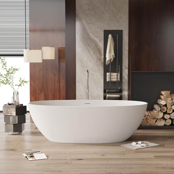 Foyil 71 in. x 35 in. Solid Surface Stone Resin Flatbottom Freestanding Bathtub Soaking Bathtub in Matte White