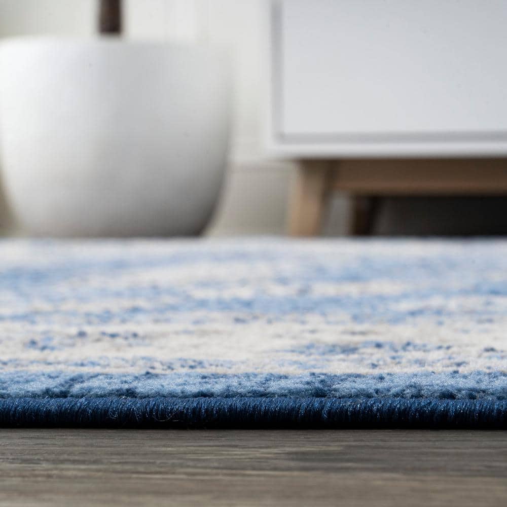 Blue and Ivory Floral Synthetic Runner Rug