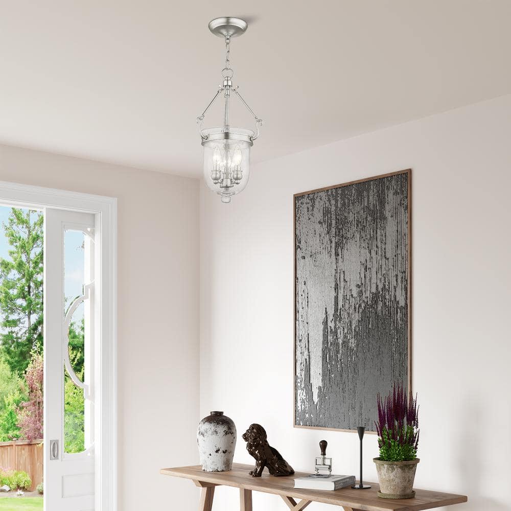 Jefferson Brushed Nickel Seeded Glass 3-Light Chain Lantern