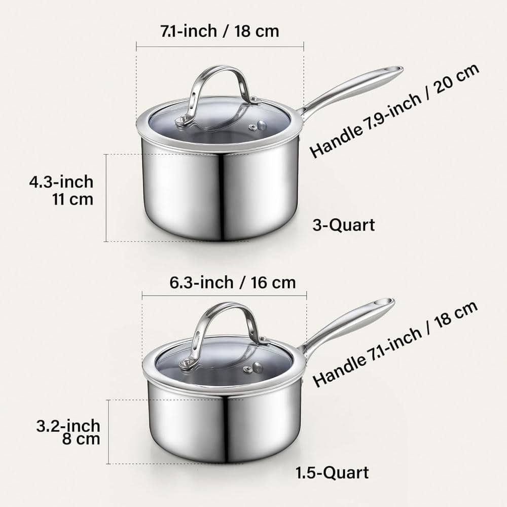 Cooks Standard Stainless Steel Saucepan Set 1.5 And 3 Quart, Multi-ply Clad Sauce Pot With Glass Lid, Silver