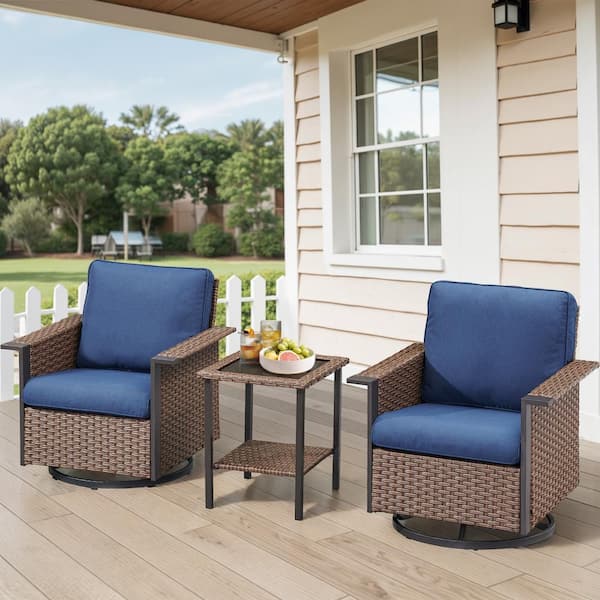 3-Piece Wicker Patio Conversation Set with Blue Cushions