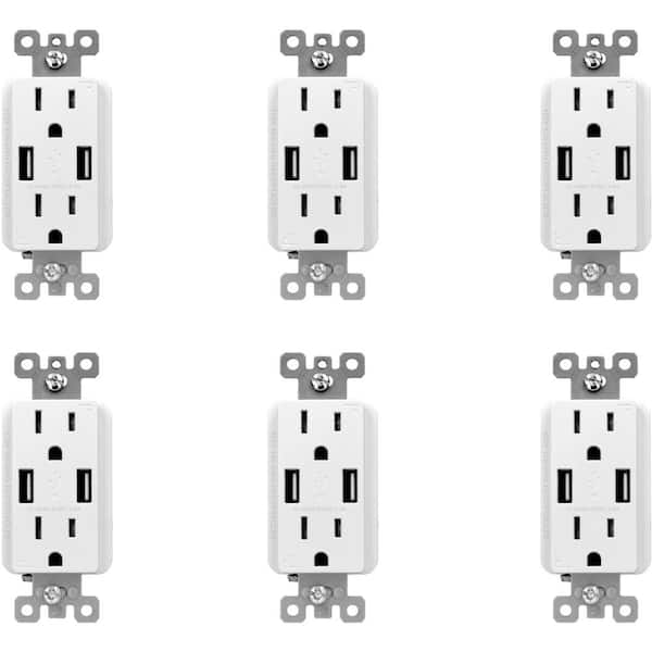 3.6 Amp Dual USB Charger and 15 Amp Receptacle, White (6-Pack)