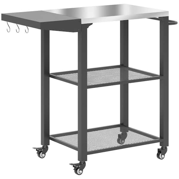 Outsunny 3-Shelf Outdoor Grill Cart Table with Foldable Side Table, Stainless Steel Tabletop, Silver
