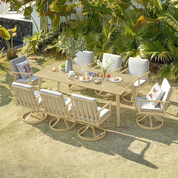 AluLux Light Brown Wood 9-Piece Aluminum Outdoor Dining Set with 8 Swivel Dining Chairs and Beige Cushions