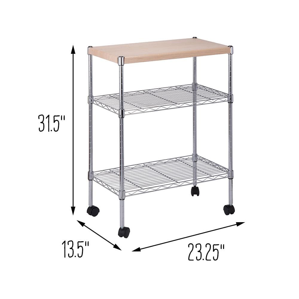 Chrome and Wood 3-Tier Kitchen Cart with Lockable Wheels