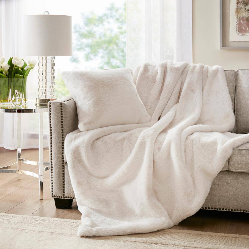 Ivory Faux Fur Square Throw Pillow with Polyfill