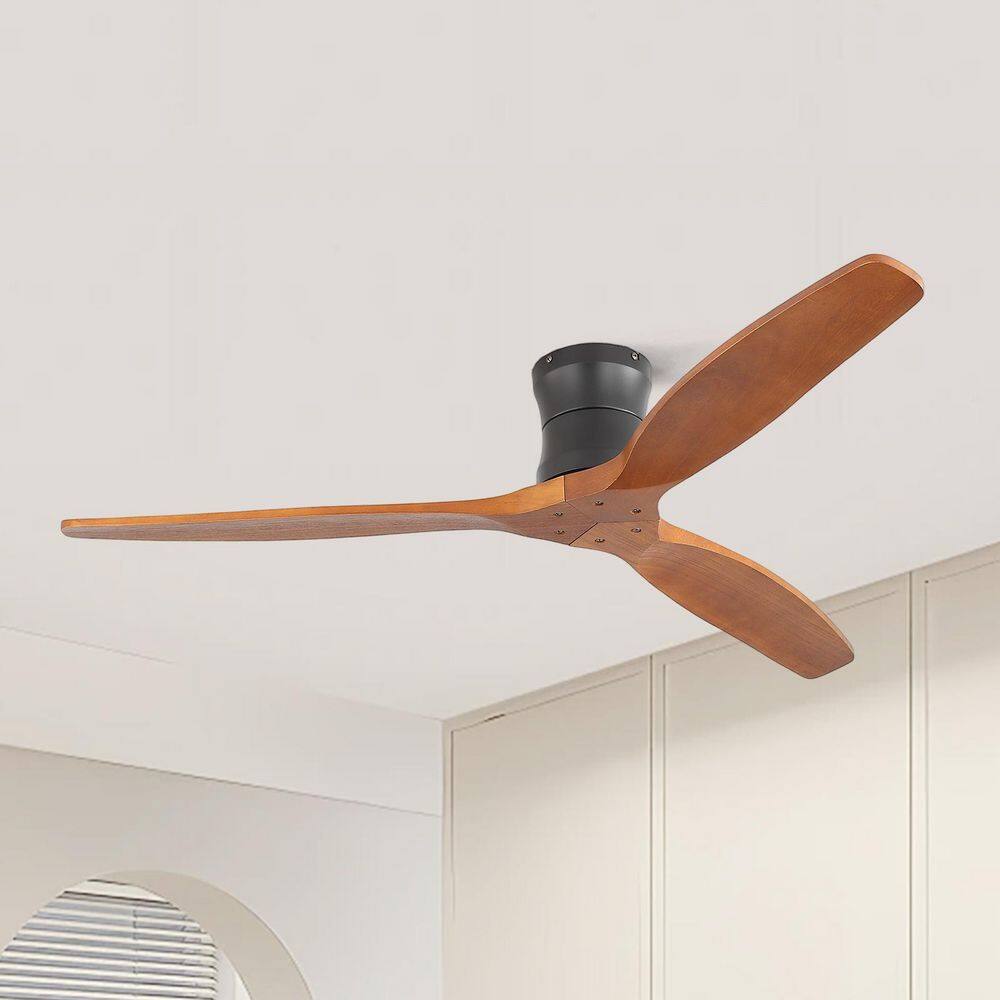 52 in. Indoor/Outdoor Modern Standard Flush Mount 3-Solid Wood Fan Blades Black Ceiling Fan with 6-Speed Remote Control price history on PriceWatchPro
