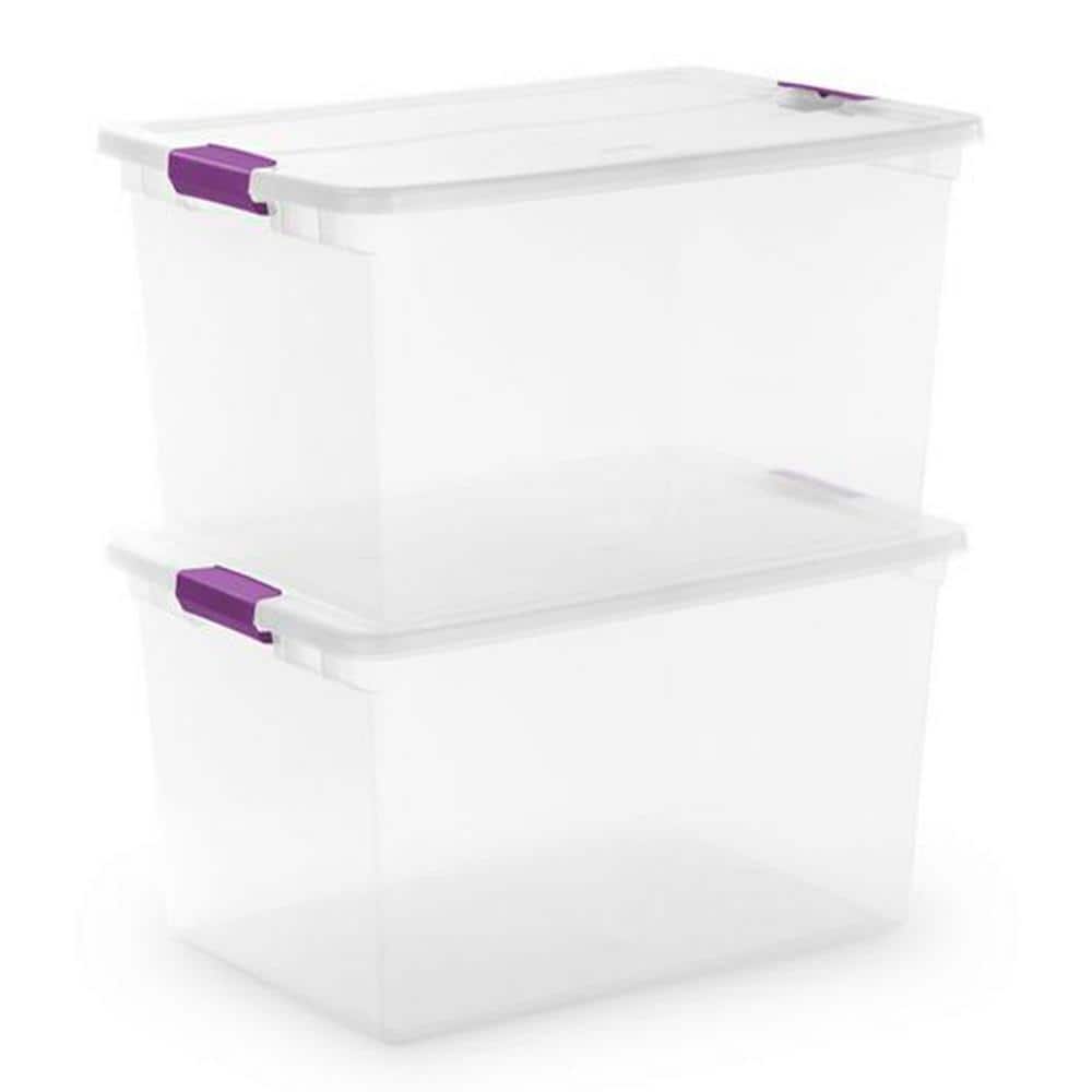 Clear Plastic Stackable Lidded Underbed Storage Boxes, 66 Quart, 6 Pack