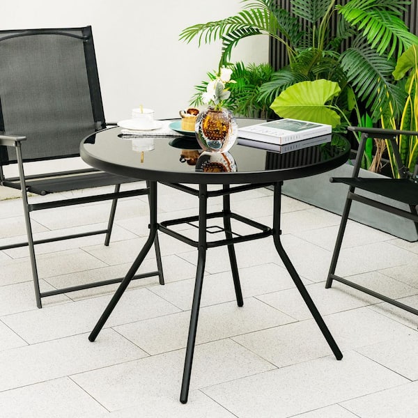 Unbranded 34 in. Outdoor Patio Round Dining Table with 1.5 in. Umbrella Hole Black CWLD 141 BK