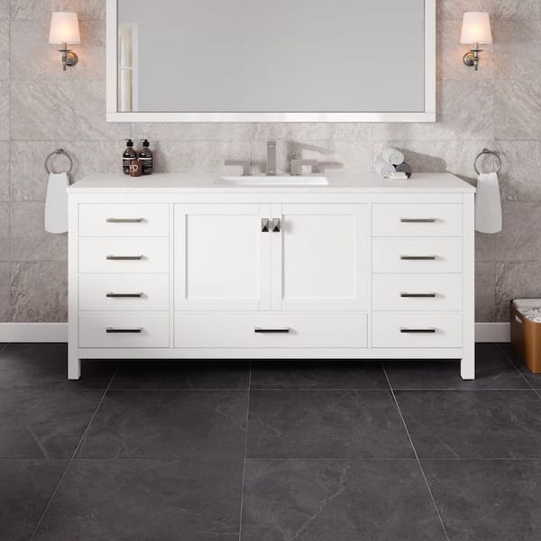 Aberdeen 72 in. Single Sink White Bath Vanity with White Carrara Quartz Top (Assembled)