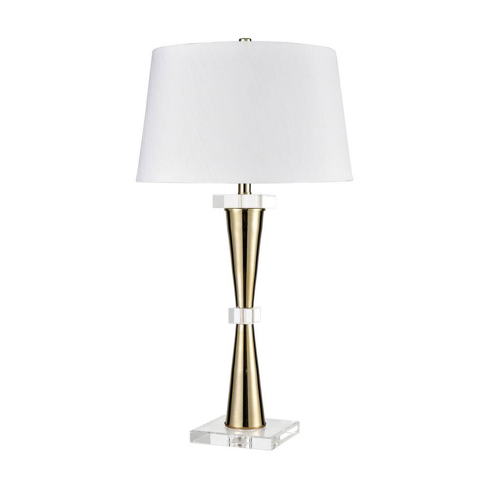 Gold and Clear Table Lamp with White Faux Silk Shade