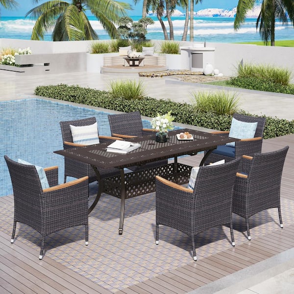 PHI VILLA Black 7-Piece Cast Aluminum Patio Outdoor Dining Set with Rectangular Table and Rattan Chairs with Blue Cushion