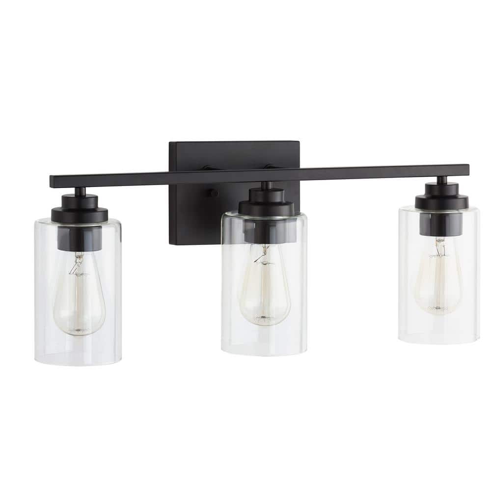 Black 3-Light Modern Cylinder Vanity Light with Glass Shades